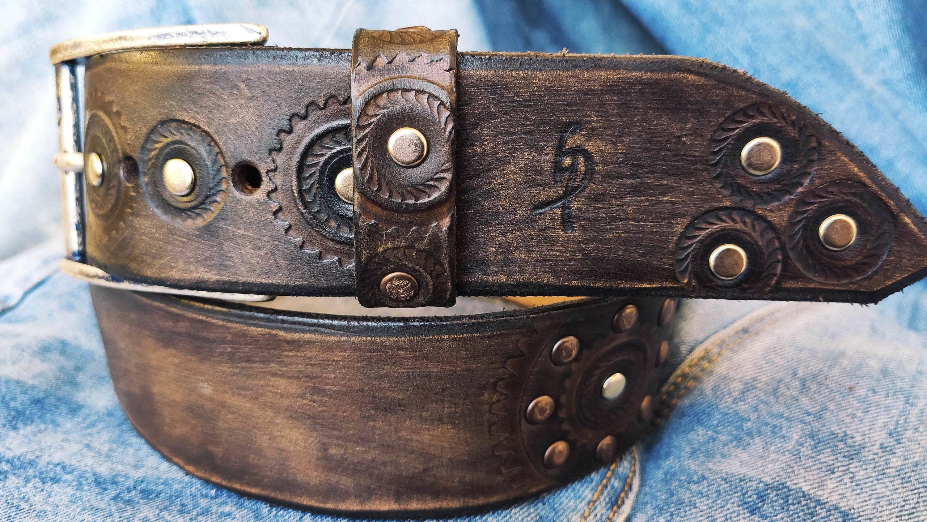 Ishaor Biker Style Brown Leather Belt - Motorcycle Gear Design