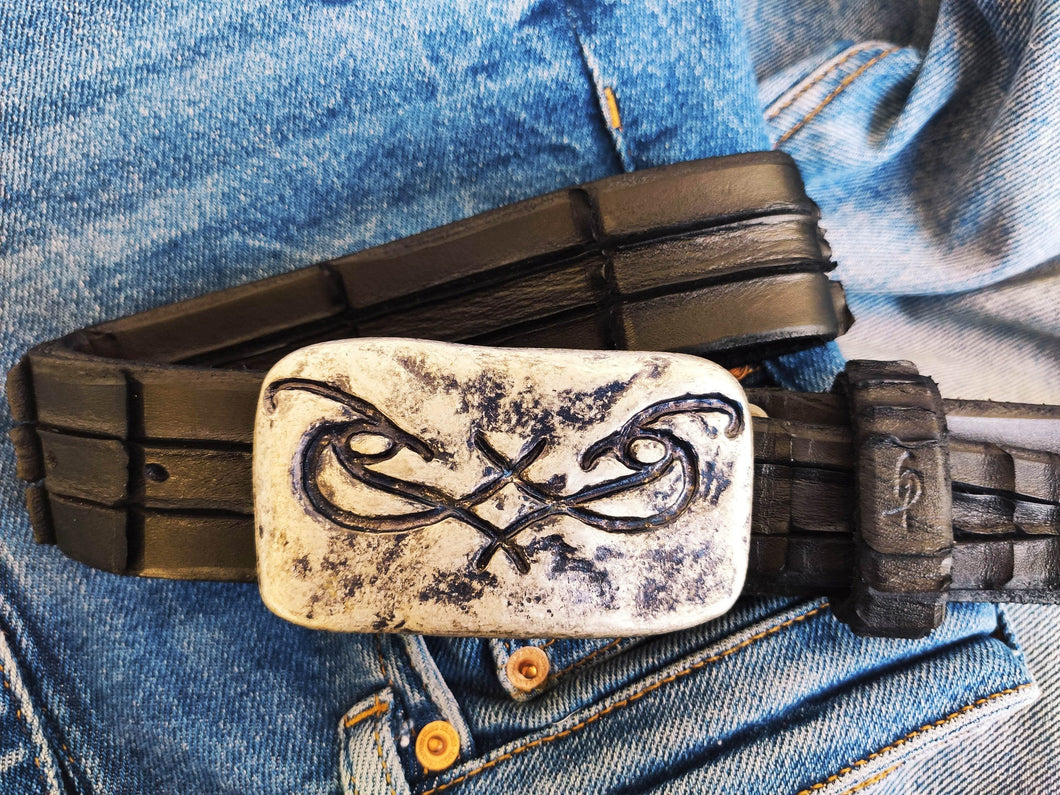 Mens Genuine Black Leather Artisan Belt with Silver Ishaor Buckle - Personalized Gift