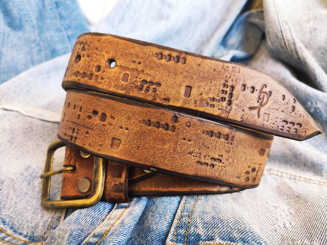 Personalized Western Brown Leather Belt with Electronic Stamp - Unique Design for Him and Her