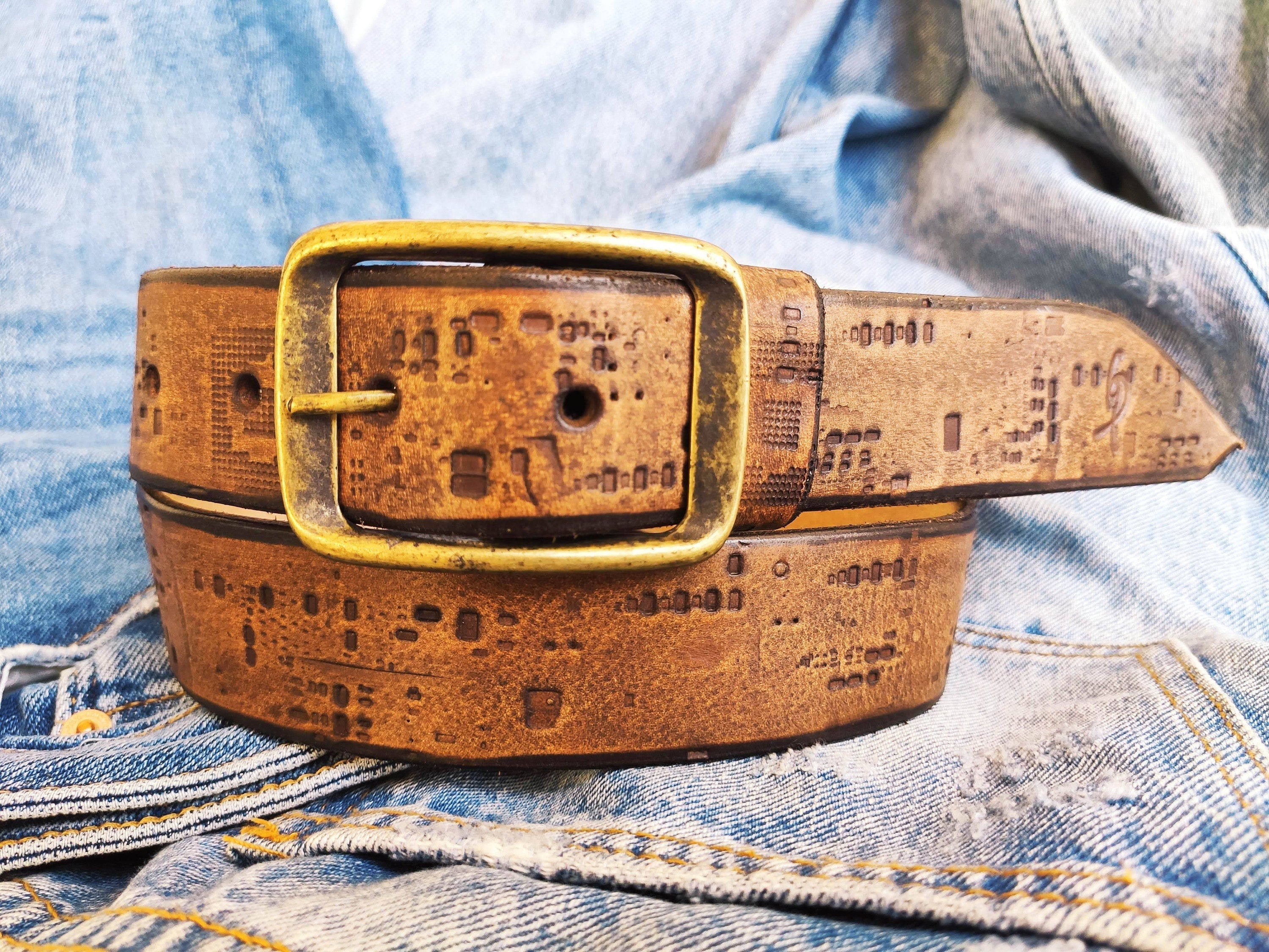 Western Style Brown Leather Belt with Unique Design - Personalized Gift for Him and Her - Electronic Stamp - Perfect for Any Occasion