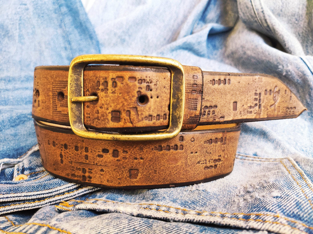 Personalized Western Brown Leather Belt with Electronic Stamp - Unique Design for Him and Her