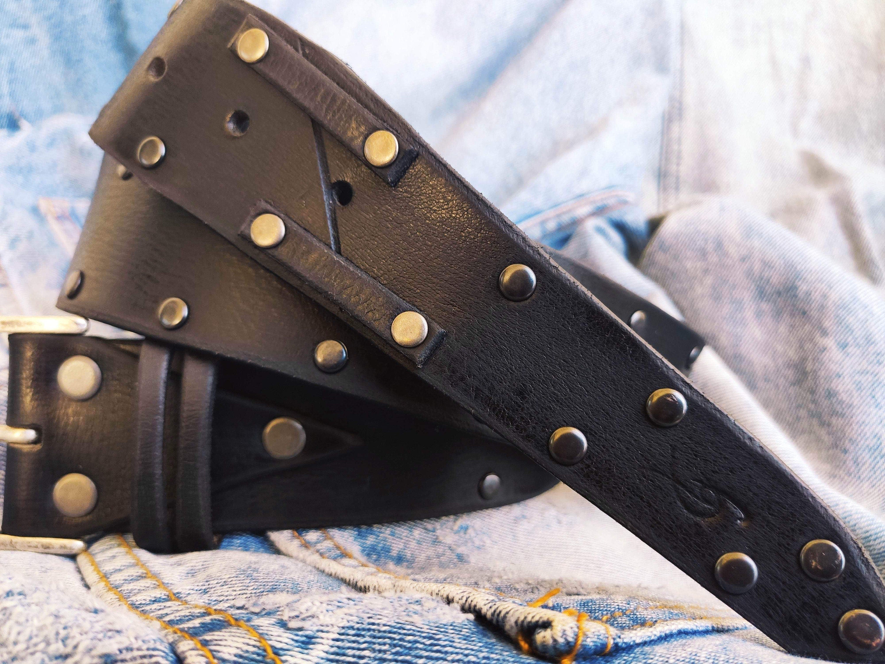 Mens Black Leather Belt with Rivets - Rock and Roll - Gift for Men