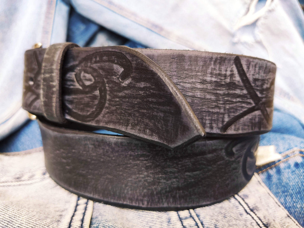 Ishaor Tribal Handmade Black Leather Belt - Unique Gift for Men