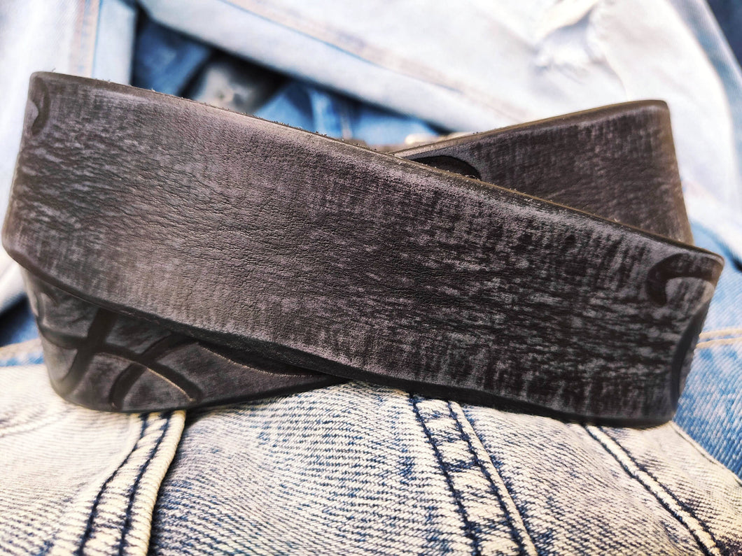 Ishaor Tribal Handmade Black Leather Belt - Unique Gift for Men