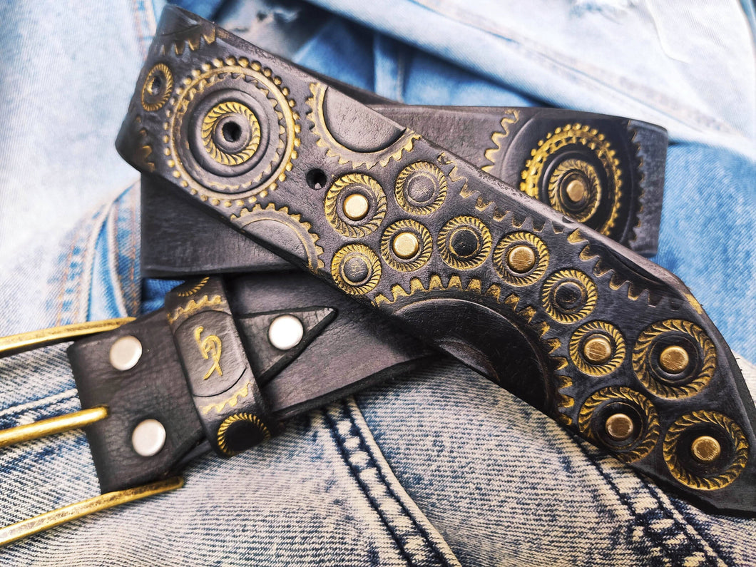 Handmade Black Leather Motorcycle Belt with Gold Stamped Gear and Rivet Accents - Ideal for Bikers and Motorcycle Enthusiasts