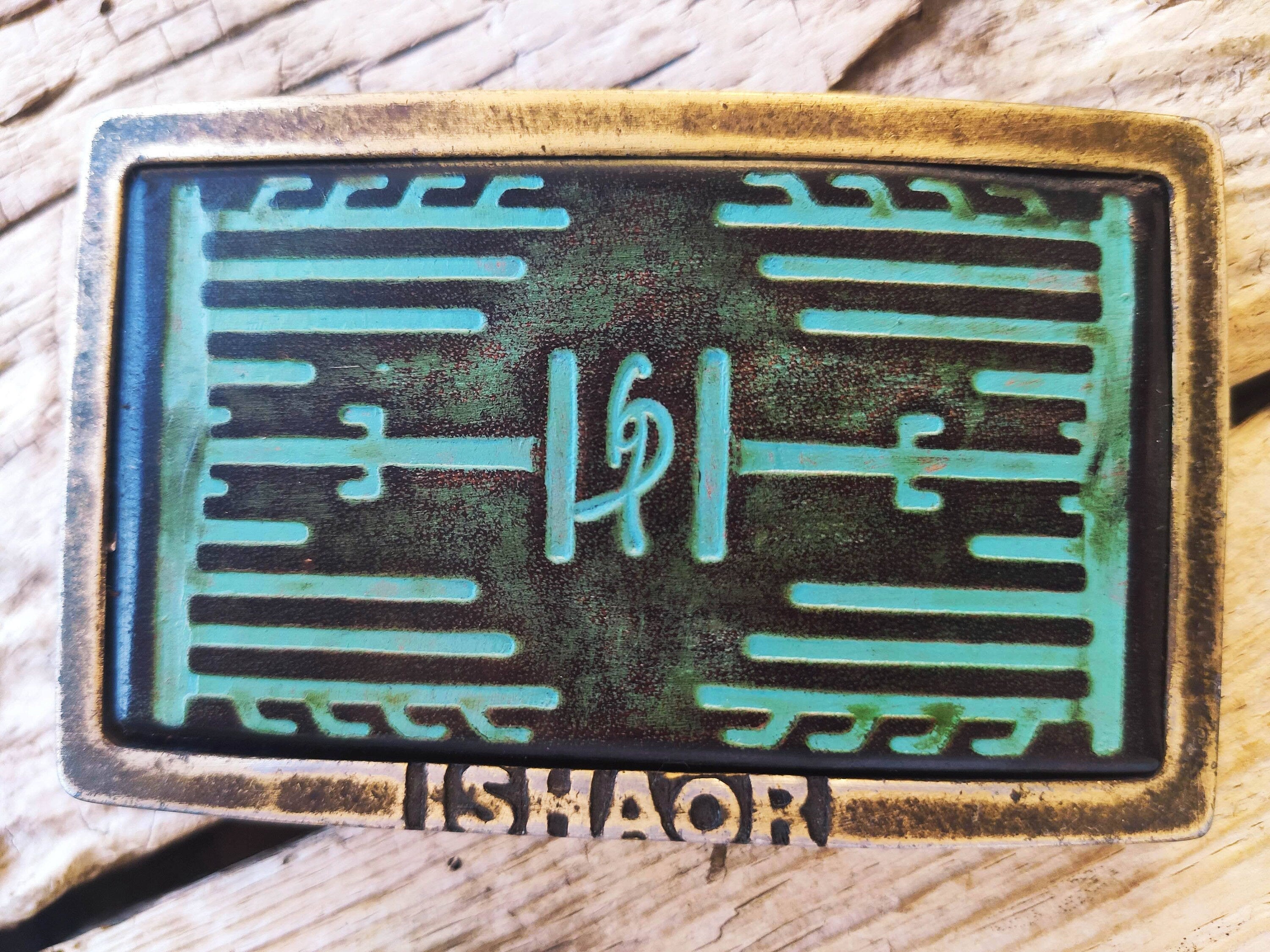 Ishaor Turquoise Leather Rectangle Buckle with Heat Sink Cooler and Brown Wash Upgrade for Any Belt