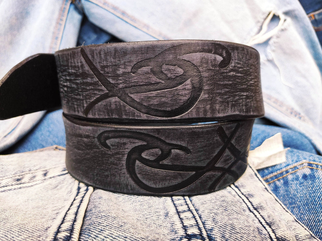 Ishaor Tribal Handmade Black Leather Belt - Unique Gift for Men