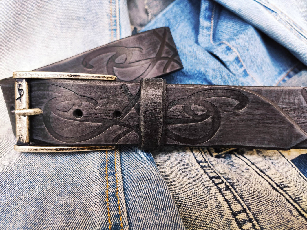 Ishaor Tribal Handmade Black Leather Belt - Unique Gift for Men