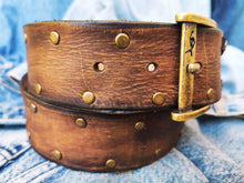 Brown Leather Belt for Guitarists Two-Tone Design Pick Storage and Bronze Studs