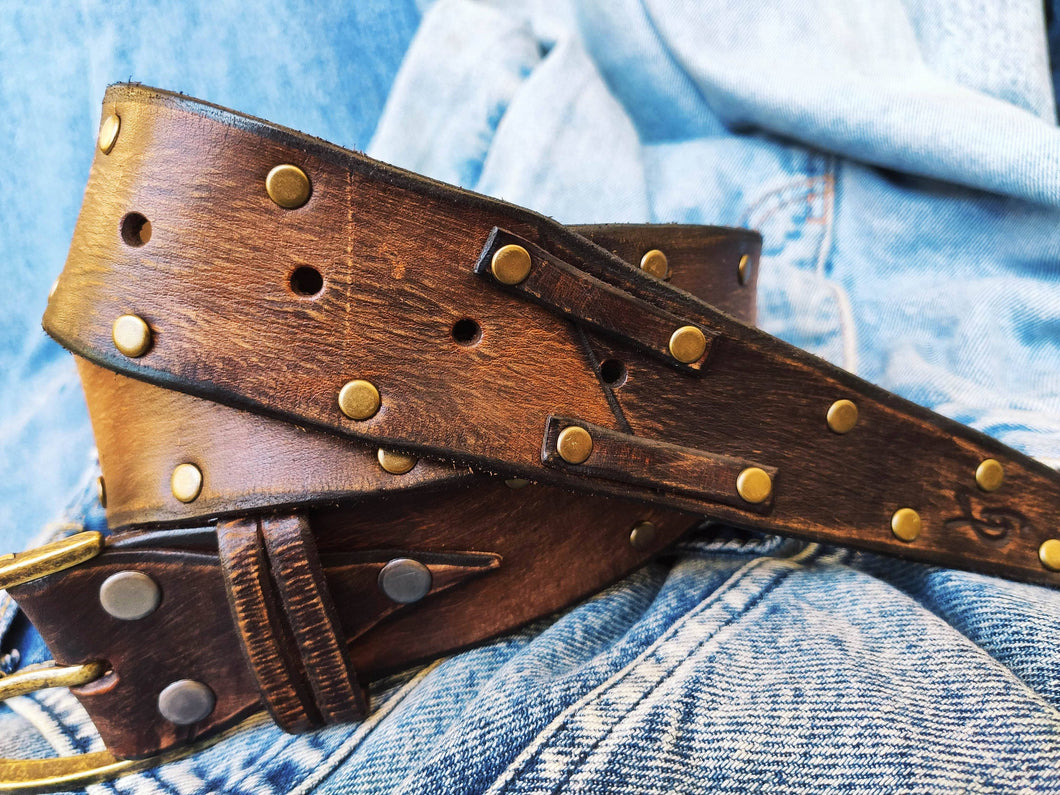 Brown Leather Belt with Two-Tone Front and Guitar Pick Storage - Bronze Studded Design