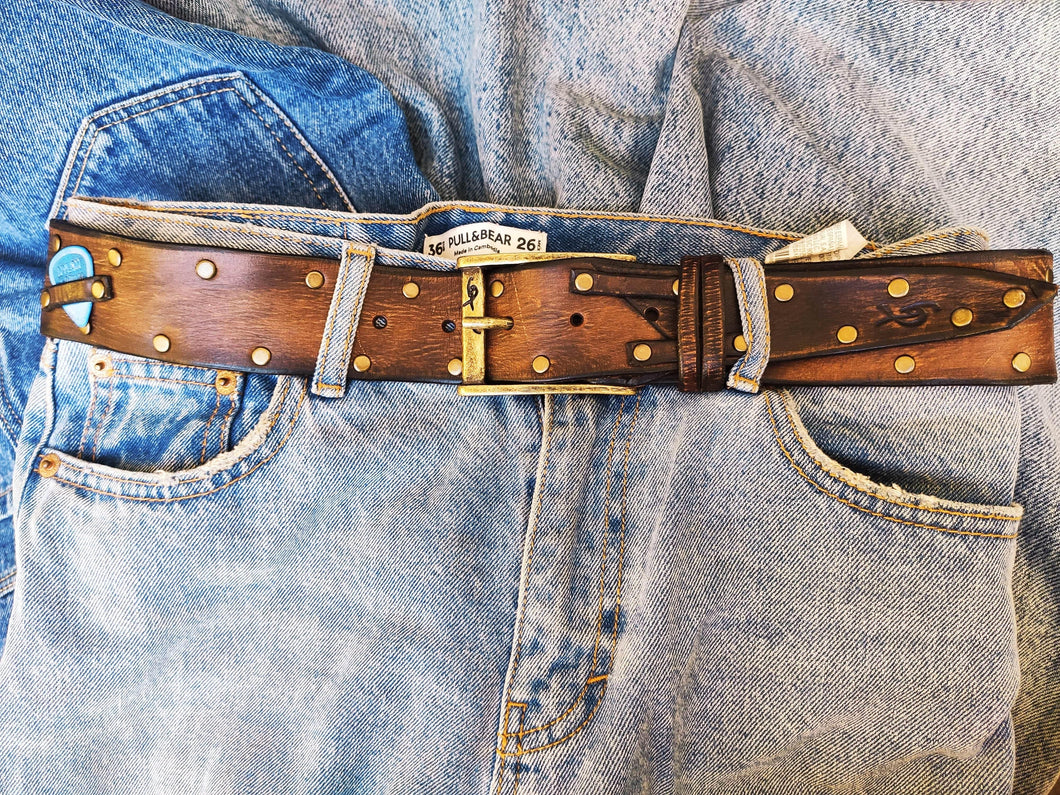 Brown Leather Belt with Two-Tone Front and Guitar Pick Storage - Bronze Studded Design