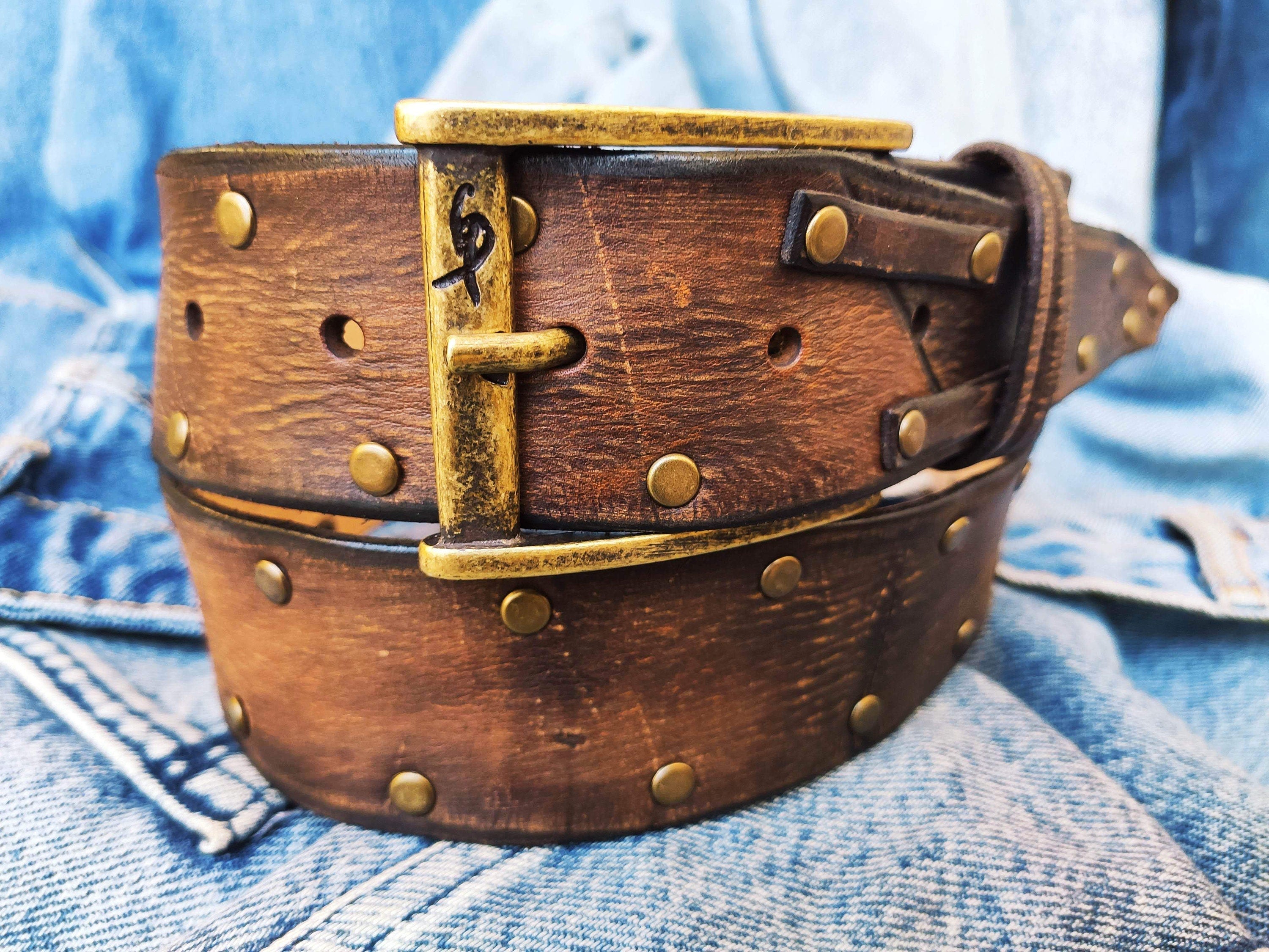 Brown Leather Belt with Two-Tone Front and Guitar Pick Storage - Bronze Studded Design