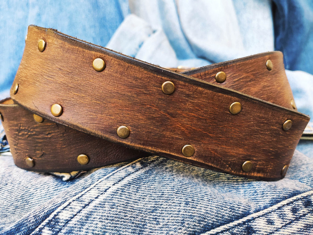 Brown Leather Belt with Two-Tone Front and Guitar Pick Storage - Bronze Studded Design