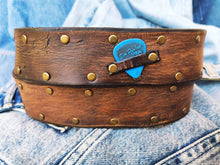 Brown Leather Belt for Guitarists Two-Tone Design Pick Storage and Bronze Studs