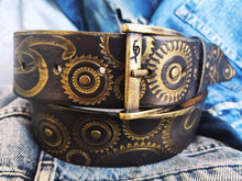 Dark Brown Mens Belt Embossed with Motorcycle Gears - Original Design a Stunning Gift for Bikers with Personalized Option
