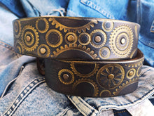 Dark Brown Mens Belt Embossed with Motorcycle Gears - Original Design a Stunning Gift for Bikers with Personalized Option