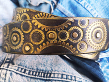 Dark Brown Mens Belt Embossed with Motorcycle Gears - Original Design a Stunning Gift for Bikers with Personalized Option