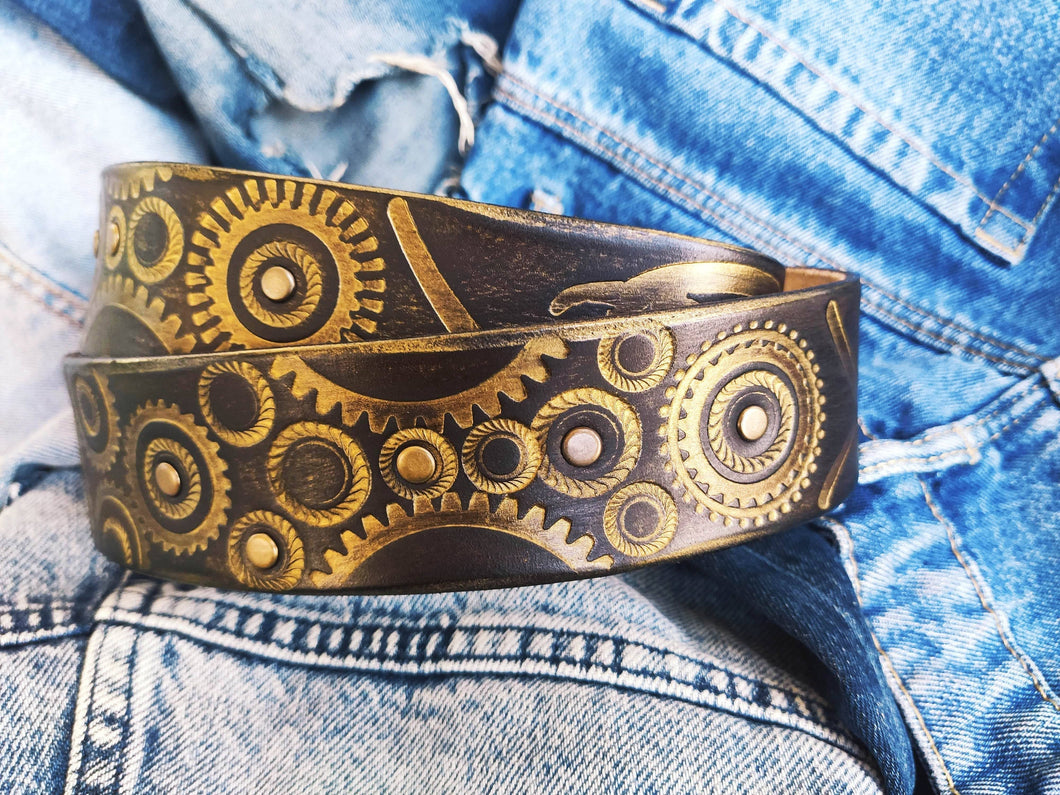 Dark Brown Mens Belt Embossed with Motorcycle Gears - Original Design a Stunning Gift for Bikers with Personalized Option