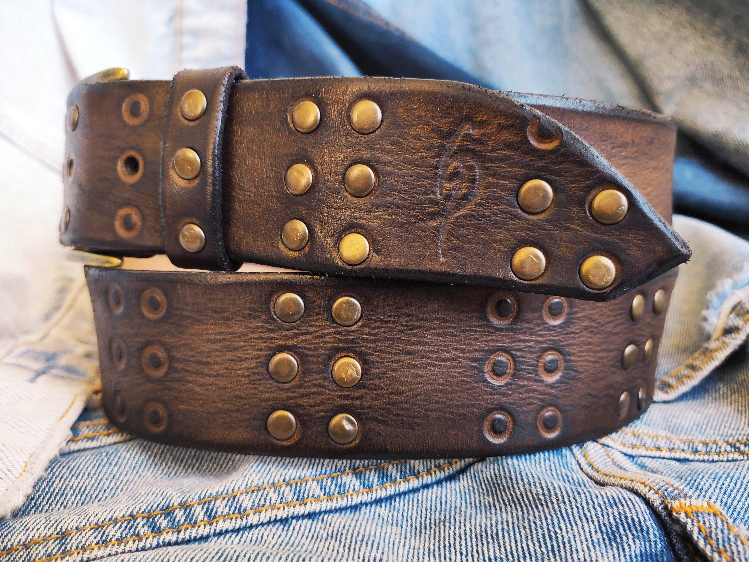Vintage Brown Leather Belt with HIFI Embossing Rivets and Personalized Gift Option