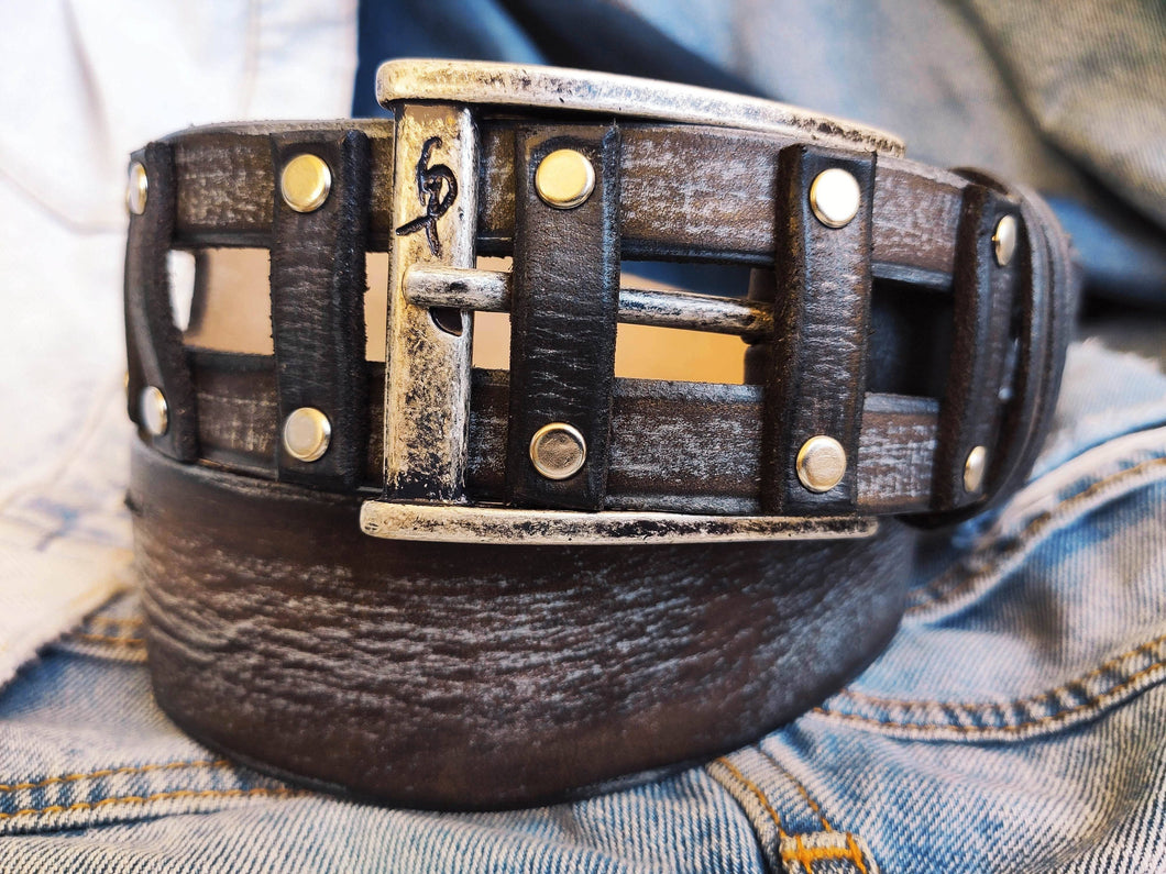 Brown Leather Belt Handmade Gray Wash Silver Buckle Unique Original Design Casual Outfit X-Mas Gift