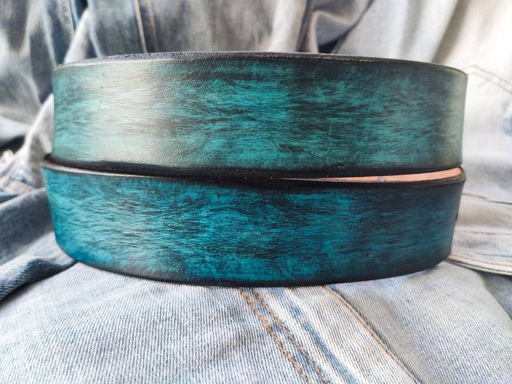 Ishaor Turquoise Color leather Belt with Blue and Black wash - Stylish Durable and Customized