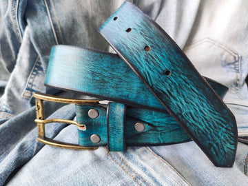 Ishaor Turquoise Color leather Belt with Blue and Black wash - Stylish Durable and Customized