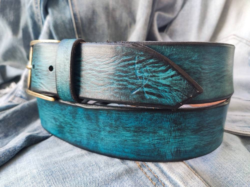 Ishaor Turquoise Color leather Belt with Blue and Black wash - Stylish Durable and Customized