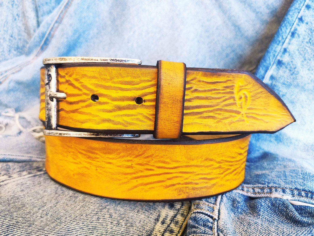 Personalized Yellow Leather Belt with Brown Wash - Perfect for Jeans - Add a Name for a Unique Gift