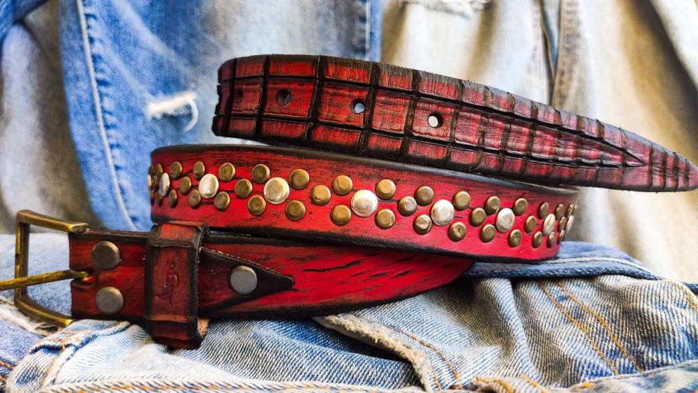 Red leather men belt with black wash, Narrow rivets Leather Belt with ring, Handcrafted rock leather Belt perfect personalized men gift