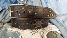 Ishaor Dark brown men's belt embossed with motorcycle gears, vintage finish and rivets, Unique design steampunk belt with silver Concho's for biker
