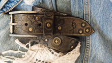 Ishaor Dark brown men's belt embossed with motorcycle gears, vintage finish and rivets, Unique design steampunk belt with silver Concho's for biker