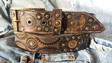 Handmade Leather Belt - Steampunk Style with Gears - 4.2 cm Wide - Brown with Silver & Brass Accents - Perfect for Bikers