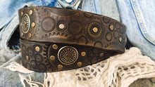 Ishaor Dark brown men's belt embossed with motorcycle gears, vintage finish and rivets, Unique design steampunk belt with silver Concho's for biker