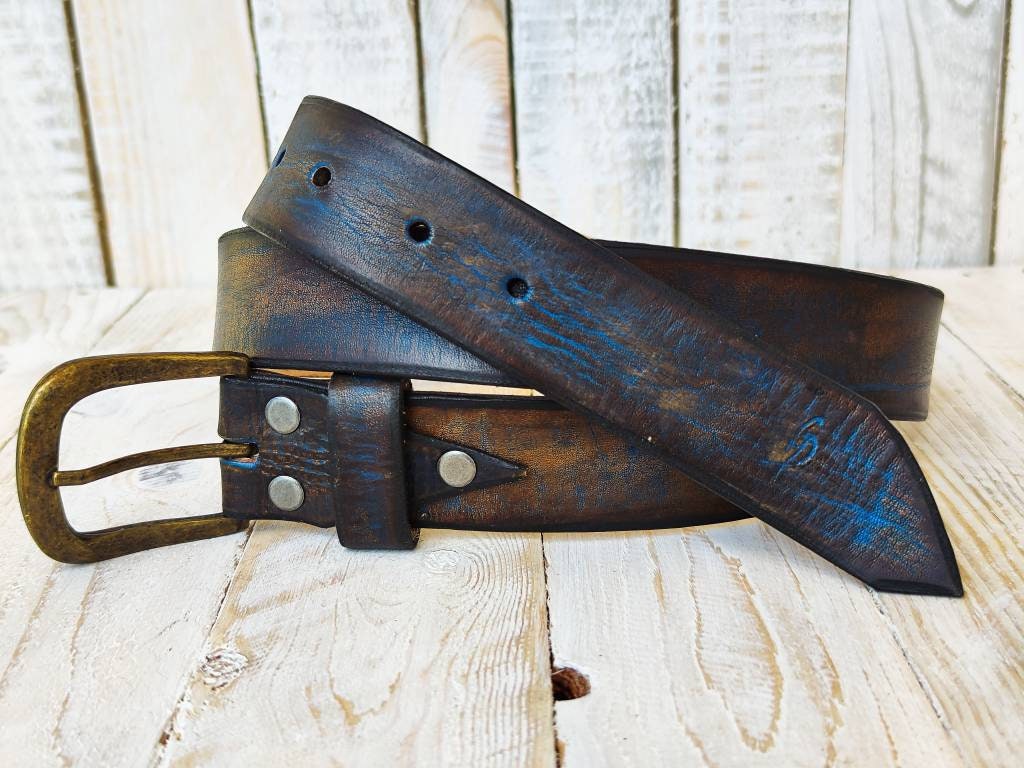 Blue Two-Tone Brown Wash Leather Belt - 36 cm - Ideal for Jeans