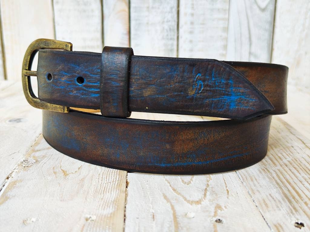 Blue Two-Tone Brown Wash Leather Belt - 36 cm - Ideal for Jeans