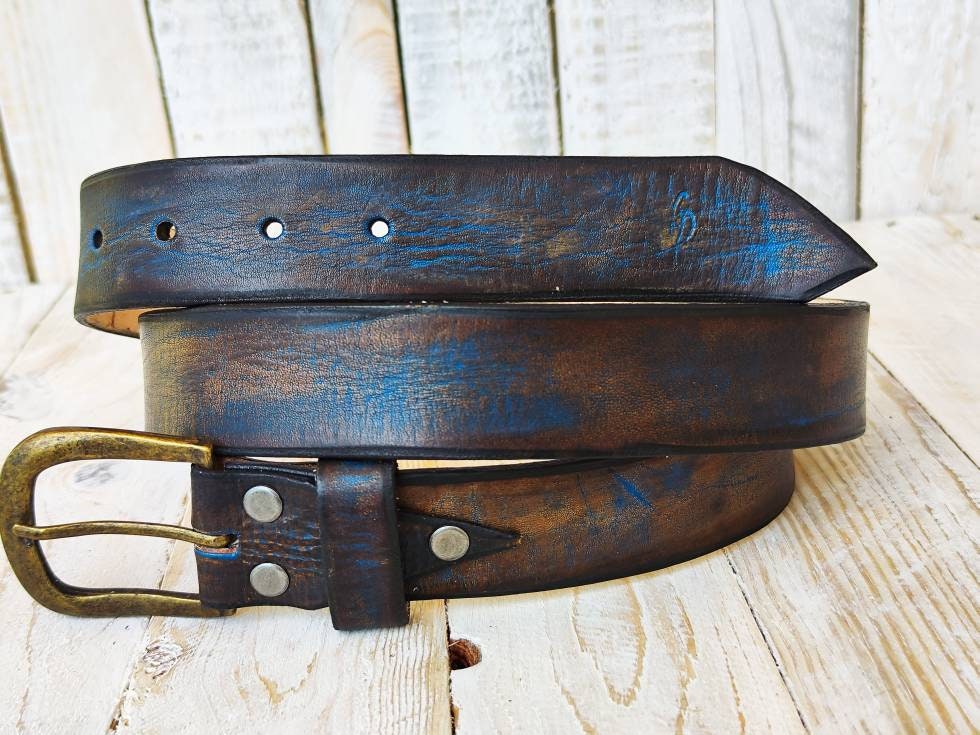 Blue Two-Tone Brown Wash Leather Belt - 36 cm - Ideal for Jeans