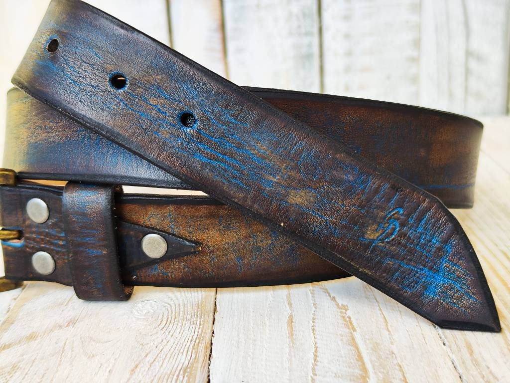 Blue Two-Tone Brown Wash Leather Belt - 36 cm - Ideal for Jeans