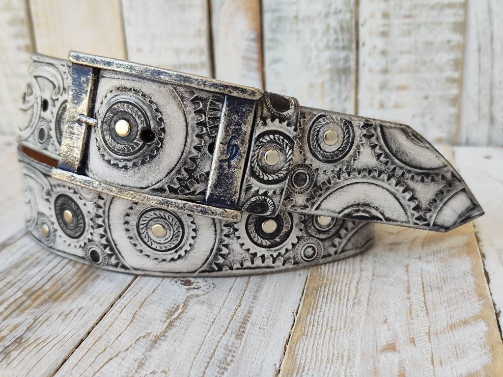 Unique Biker Style - White Leather Belt for Men with Buckle and Motorcycle Design - Customizable by Ishaor