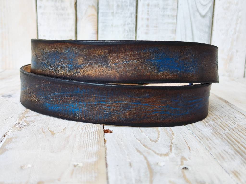 Blue Two-Tone Brown Wash Leather Belt - 36 cm - Ideal for Jeans