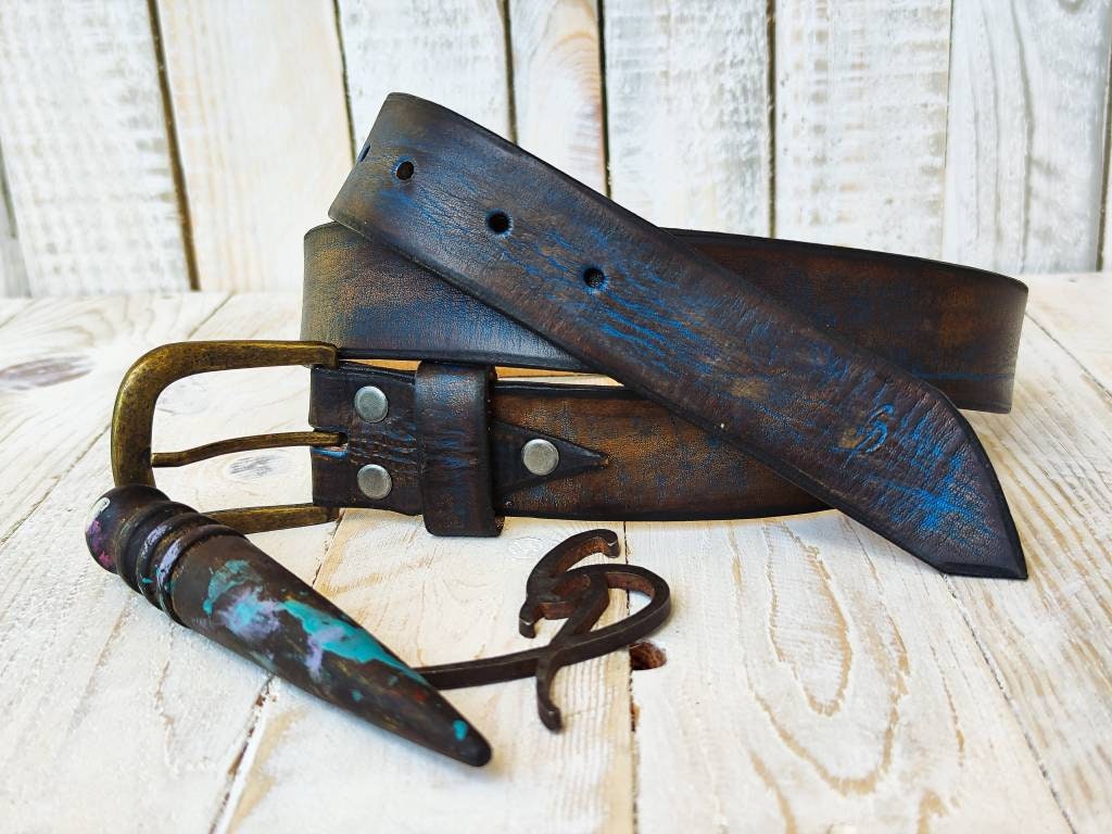 Blue Two-Tone Brown Wash Leather Belt - 36 cm - Ideal for Jeans