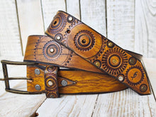 Handmade Leather Belt - Steampunk Style with Gears - 4.2 cm Wide - Yellow with Brown Details and Wash - Perfect for Bikers