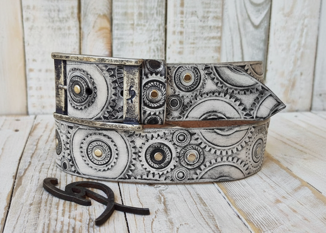 Ishaor Biker Style White Leather Belt with Black wash and Motorcycle Buckle - Customizable and Unique Mens Fashion Accessory
