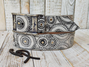 Ishaor Biker Style White Leather Belt with Black wash and Motorcycle Buckle - Customizable and Unique Mens Fashion Accessory