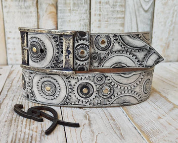Ishaor Biker Style White Leather Belt with Black wash and Motorcycle Buckle - Customizable and Unique Mens Fashion Accessory