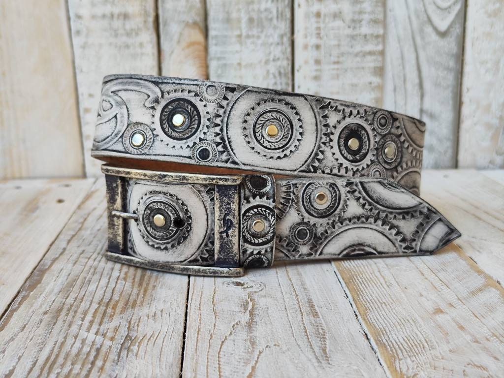 Unique Biker Style - White Leather Belt for Men with Buckle and Motorcycle Design - Customizable by Ishaor