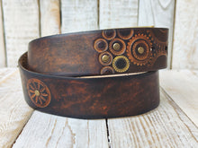 Stamped Leather Motorcycle Belt with Rustic Dark Leather and Gold Accents - Handmade Unique Design by Ishaor