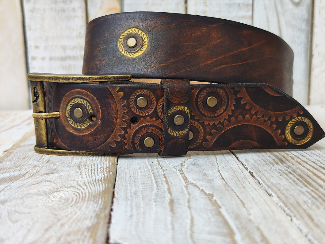 Handmade Stamped Leather Motorcycle Belt with Dark Rustic Design and Touch of Gold by Ishaor