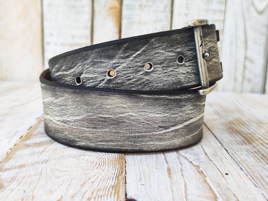 Unique Double Strap White Leather Belt with Black Wash - Handmade by Ishaor