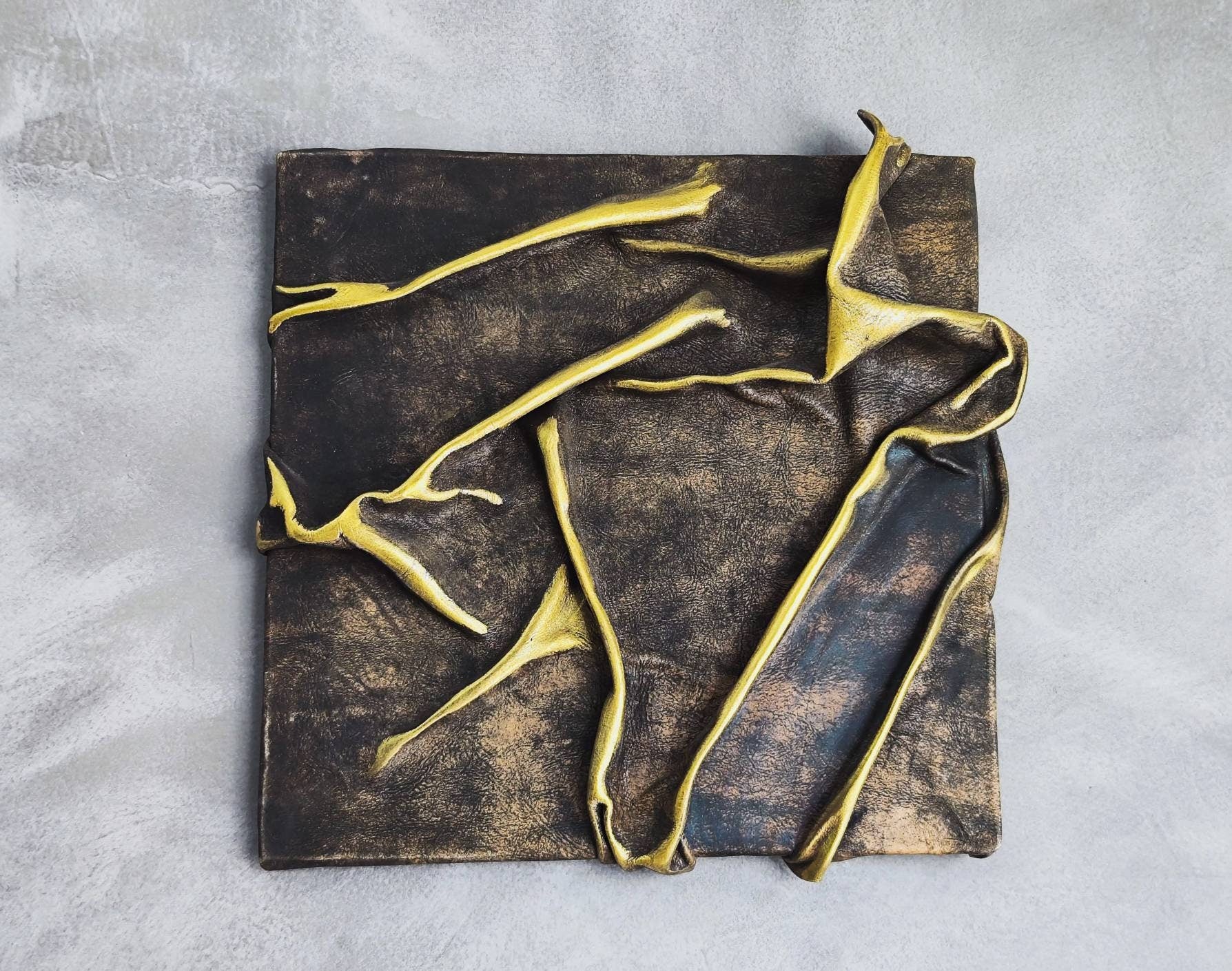 Handmade Brown Leather Wall Art with Touch of Gold - Unique Technique One-of-a-Kind