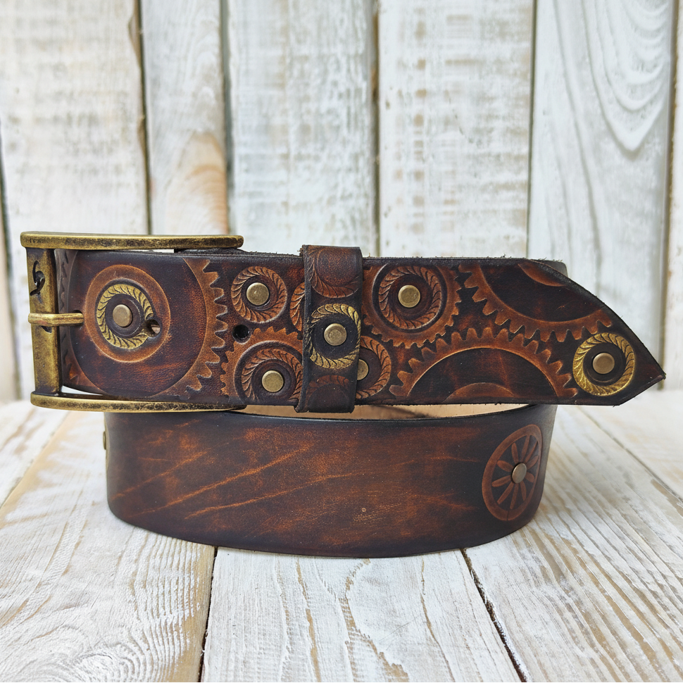 Stamped Leather Motorcycle Belt with Rustic Dark Leather and Gold Accents - Handmade Unique Design by Ishaor